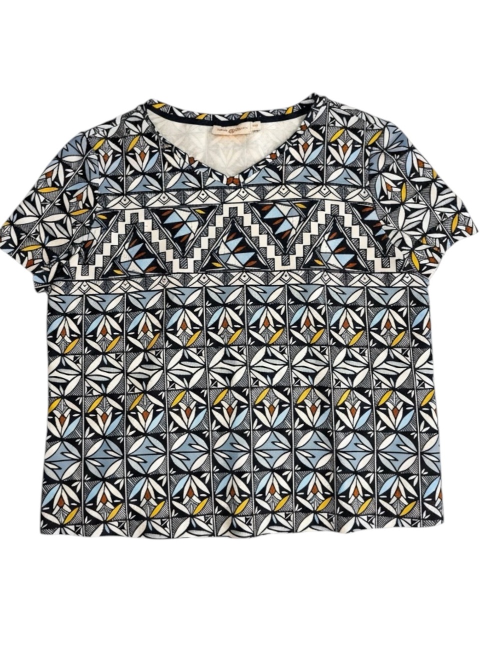 Tory Burch Geometric Print Short Sleeve Top Size M Navy Blue Orange